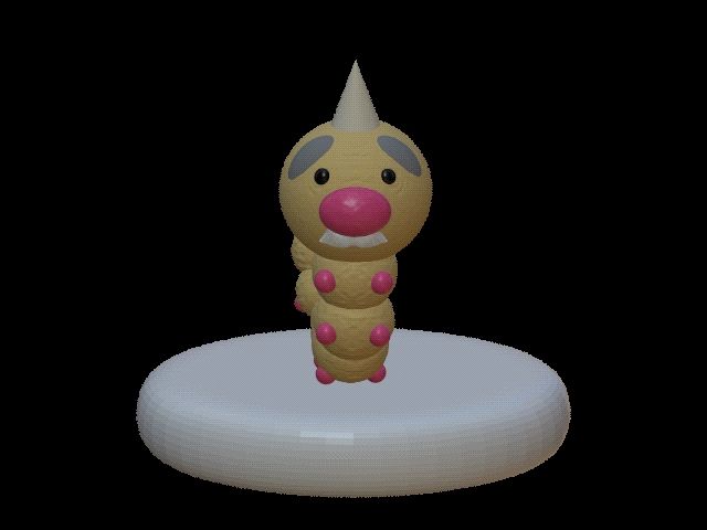 Rotierendes 3D Modell des Pokémons Hornliu/Weedle. Allerdings wurde es so modelliert, als ob es über die Jahre stark gealtert ist. Es hat einen angedeuteten grauen Oberlippenbart, der gesamte Körper ist etwas schrumplig und der Stachel auf dem Kopf ist ganz leicht vergilbt.