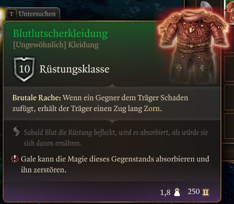 Screenshot aus dem Spiel Baldurs Gate 3, welcher einen Ausrüstungsgegenstand namens "Blutlutscherkleidung" zeigt.