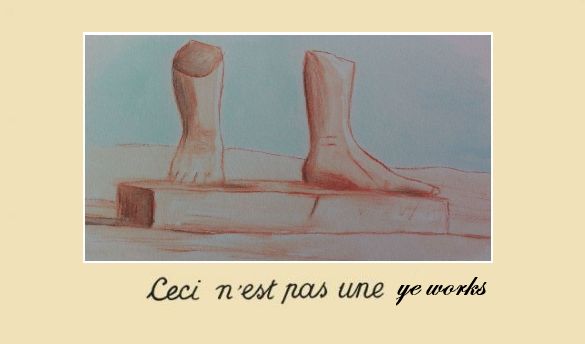 A drawing of a piece of ruined statuary, just legs from the calf down to the feet. The caption underneath reads "Ceci n'est pas un ye works."