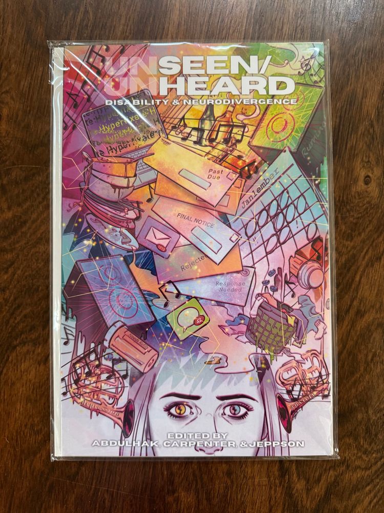 A persons head but just the nose, eyes and hair peeks up from the bottom of the cover. Above and in her head is a semi-jumbled medley of her thoughts, which contain trumpets by her ears, pill bottles, overflowing laundry basket, final notice bills, a calendar, stacked dirty dishes, and speakers blaring music. It’s quite colorful, featuring red, pink, purple, orange, yellow, green, blue and purple moving from one side to the other in a coordinated way.