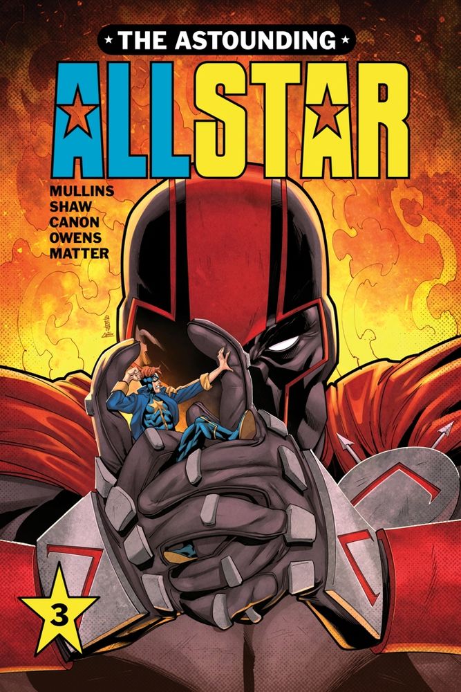 The Astounding Allstar #3 cover with credits: Mullins, Shaw, Canon, Owens, Matter
A giant villain known as the Spartan squeezes the tiny hero Allstar between his fingers. Allstar wears a blue and yellow hero costume with a bright star emblazoned across his chest. Spartan wears a red cape, a black mask with a red line down the center and outlined with red as well around his eyes. He also wears gloves replete with silver plates with a red "V" engraved upon them. His cape is fastened to his costume with the same silver plate with red "V" on it.