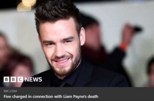 BBC News headline: "Five charged in connection with Liam Payne's death"