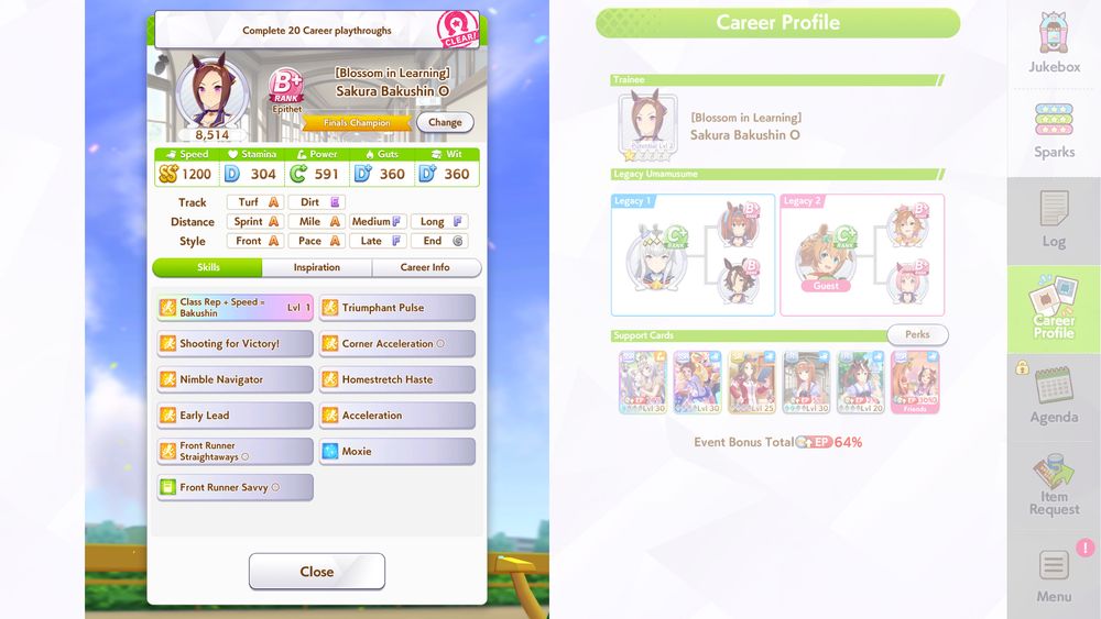 Sakura Bakushin O with 1200/1200 speed stats