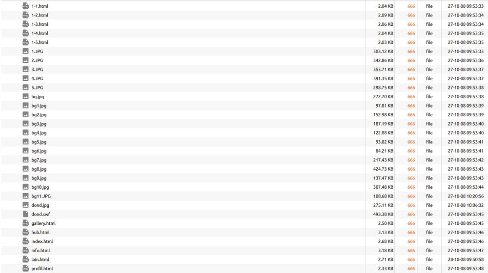File manager of a free web hosting showing files last modified in 27 October 2008
