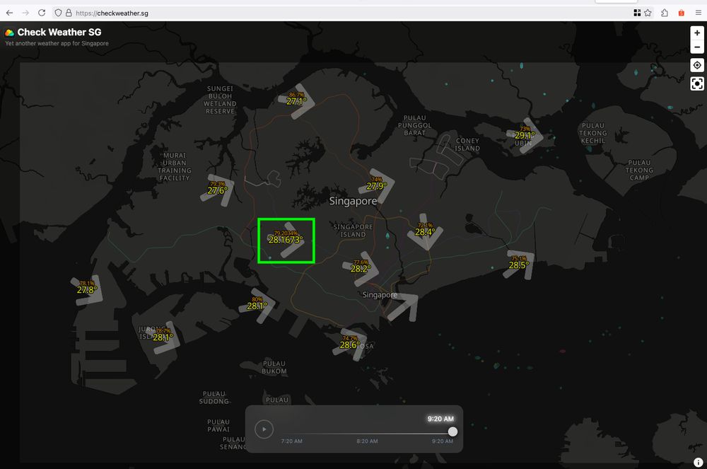 Screenshot of checkweather.sg with a green rectangle at the temperature/humidity label that shows 79.2034% and 28.1673° at around Clementi area (with 4 number after decimal point), while the rest of the labels only have at most 1 number after decimal point