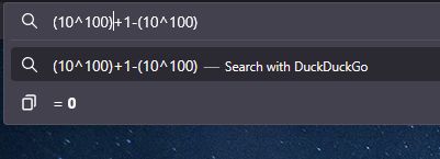 Firefox 137.0 URL bar with (10^100)+1-(10^100). The answer displayed is 0, but the expected answer is 1