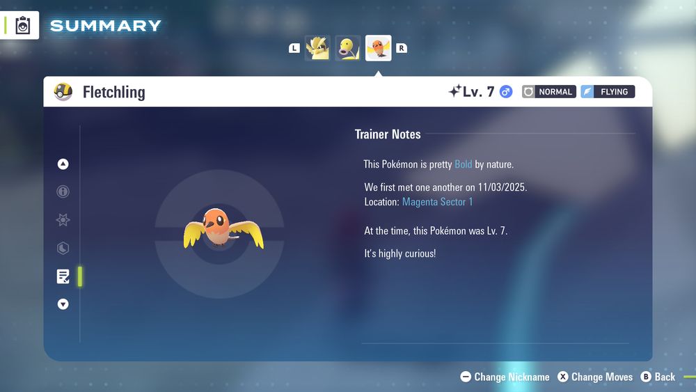 A shiny Fletchling, caught on 11/03/2025 on a lamppost in Magenta Sector 1.