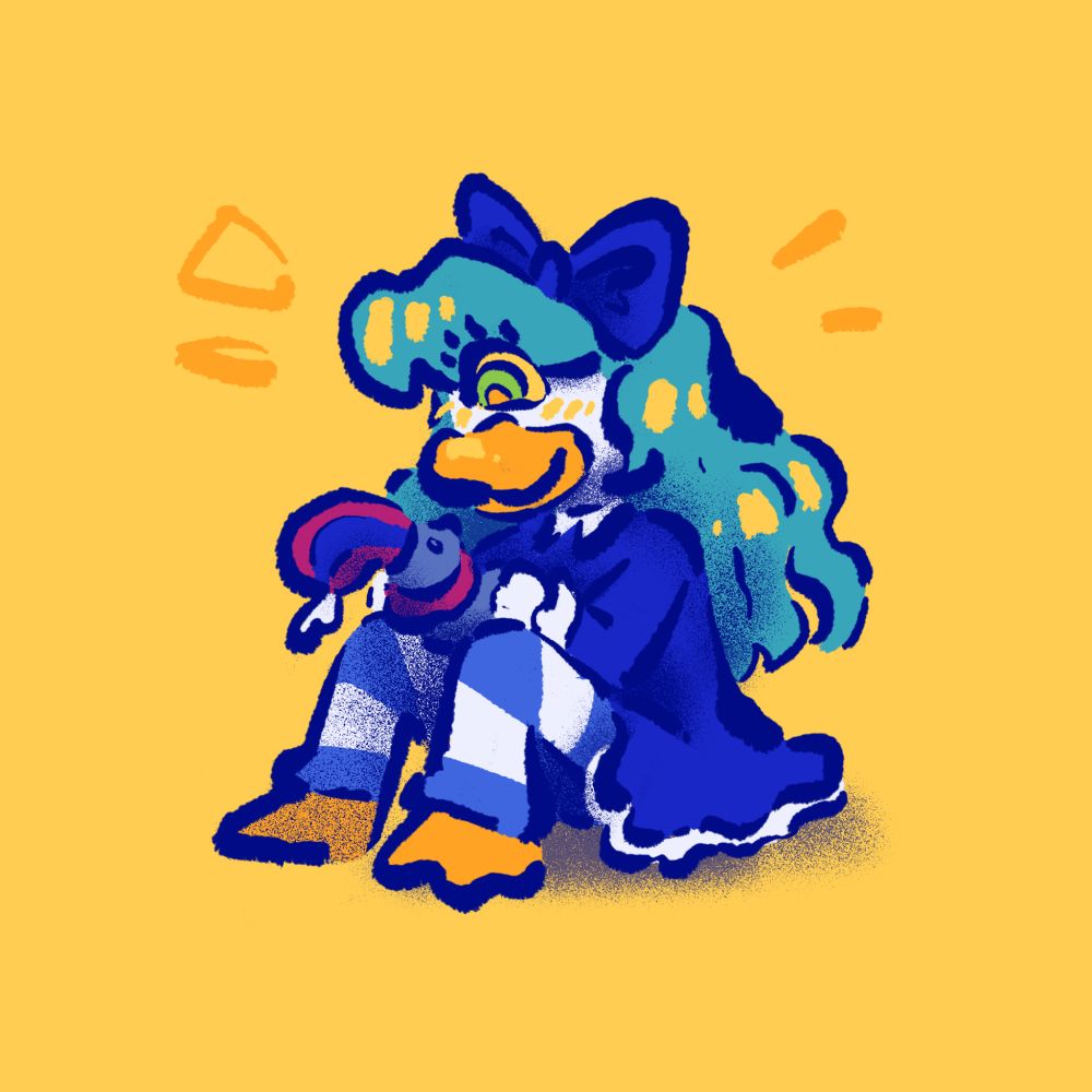 A goth duck little girl holding her plush