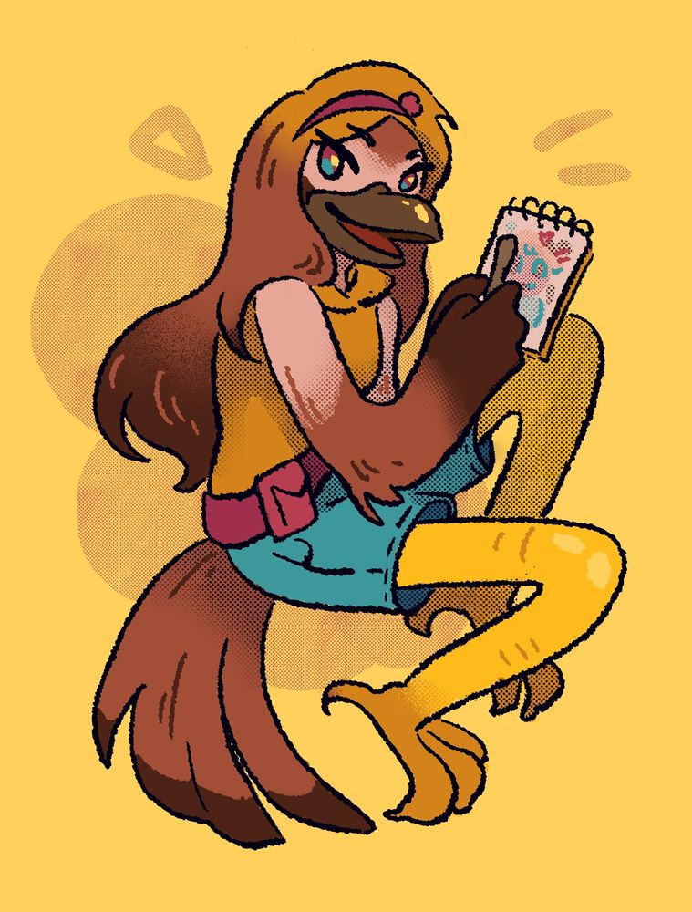 Drawing of a sparrow girl holding a sketchbook 