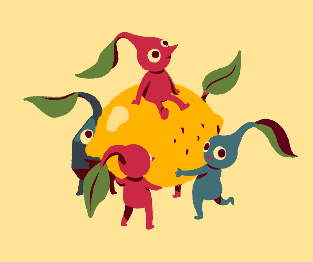 A group of pikmins is carrying a huge lemon. They're all working hard, except a red one, sitting on top of the lemon. He's looking at the sky. What is he thinking about? 