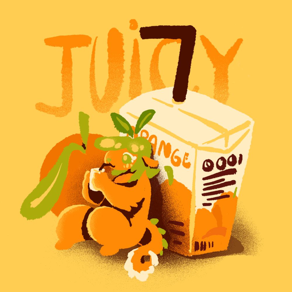 Little orange guy sipping on an orange juice box. The word juicy is written in the background