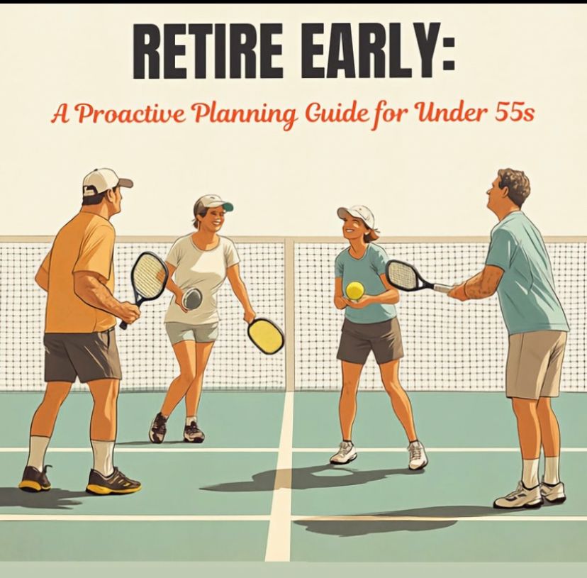 Screenshot of an Instagram advert. 
It includes the words
“RETIRE EARLY A Proactive Guide for Under 55s”
The image has four adults, two women and two men holding string rackets and a ball, standing on a court with a net behind them. 