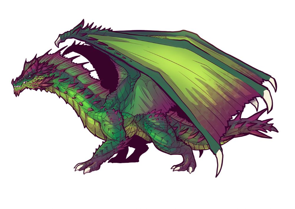 Modesty in green dragon form. She has her signature maroon coloration on her feet, tips of spines, and fin/wing edges. 