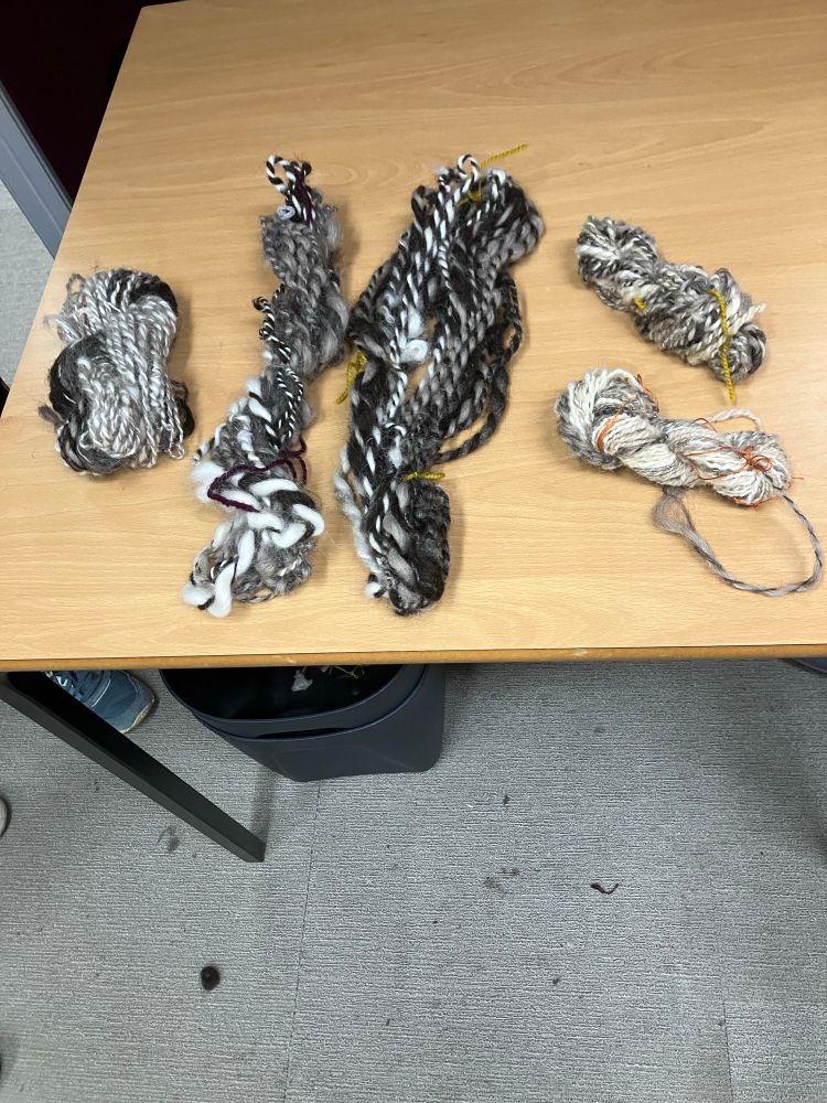 Five skeins of hand-spun yarn. All the skeins are of different thickness, consistency and in shades of cream, black and brown.