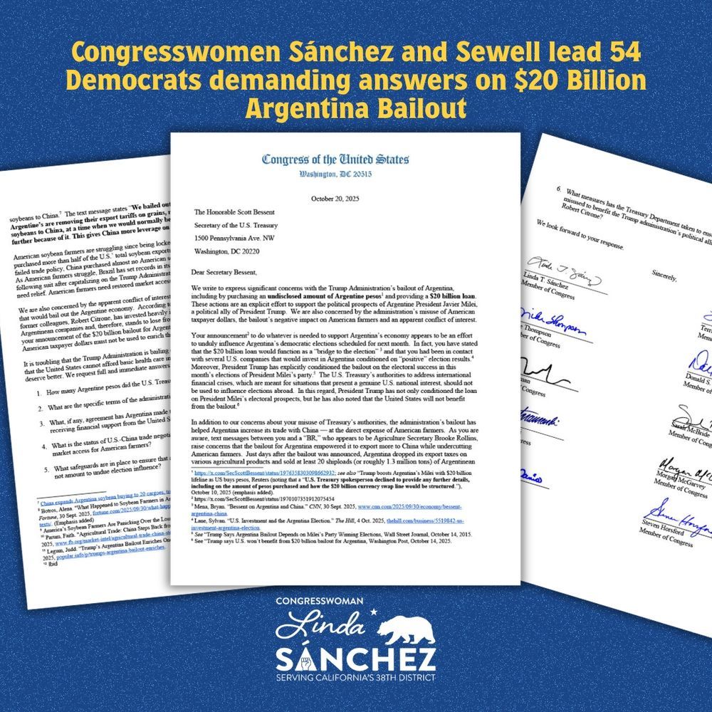 Screenshot of letter posted by Rep. Linda Sanchez (D-CA38) leading Democrats demanding answers on Trump's costly bailout of Argentina.