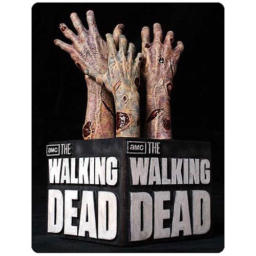"The Walking Dead" bookend with zombie hands rising up out of a block. https://www.entertainmentearth.com/product/walking-dead-logo-6-34inch-bookend-statue/ge80295?srsltid=AfmBOooSBSn5WWCKPYUGoxvHJIfmFH3MbGD5QdVFk2uNo5XH6OUfA7aA
