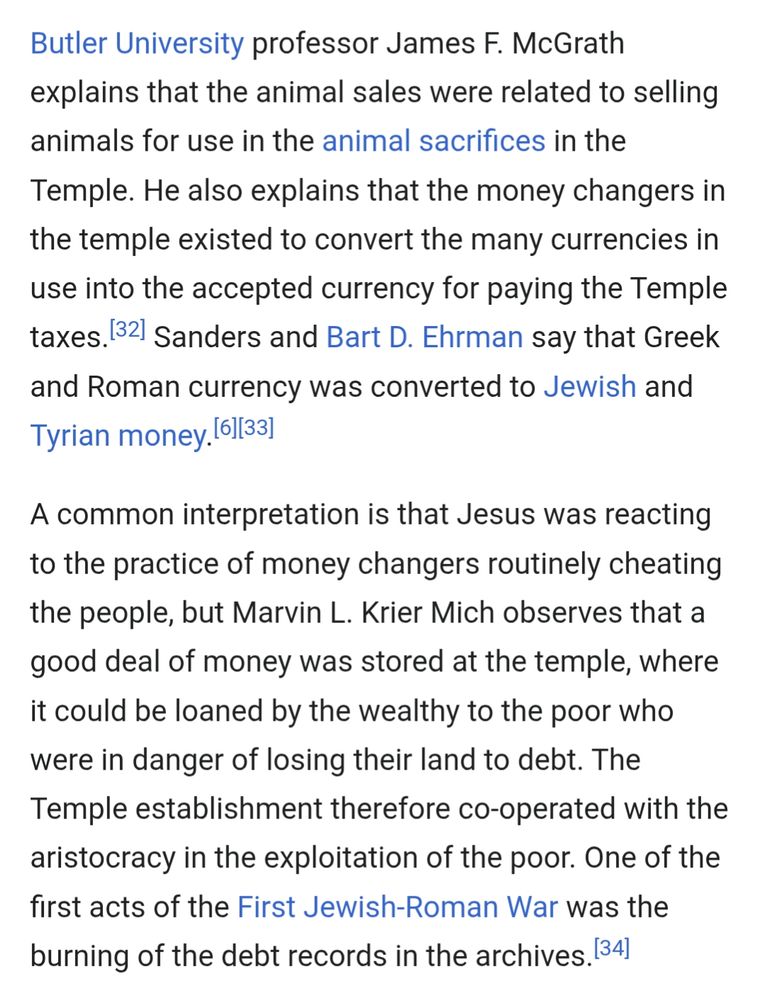 Screenshot of Wikipedia explaining the "money changers" were money lenders