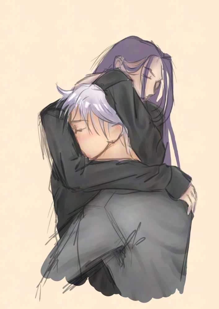 Work in progress of a digital drawing showing two OCs hugging. The top one is Damisa, he has long black hair and is wearing black shirt. One lower is Seb, they have short silver hair and are wearing grey sweatshirt.