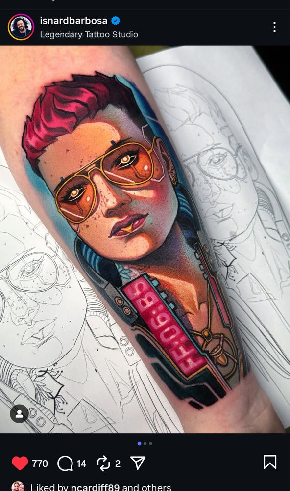 A screenshot of Instagram post showing a photo of a tattoo of V from Cyberpunk 2077