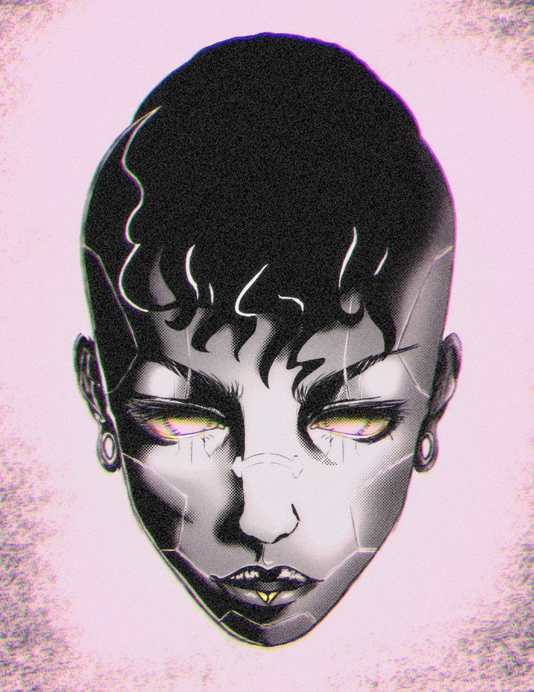 A digital drawing in black and white of OC character Var. They're a netrunner, have glowing eyes, facial cyberware and short wavy hair.