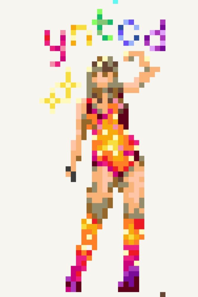 pixel art of taylor swift flexing in her eras tour lover lesbian bodysuit. Over her there's written "yntcd" in rainbow colors