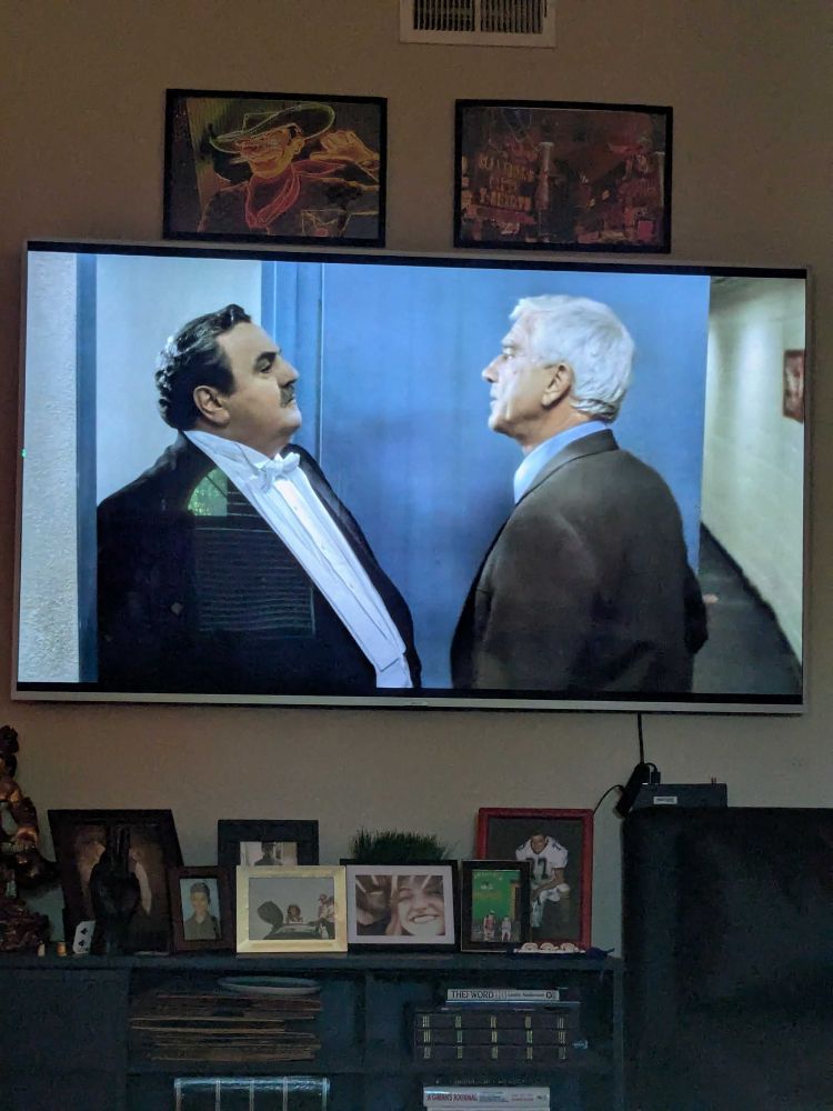 Picture of tv showing 1988 version of Naked Gun with Leslie Nielsen and the guy who played Enrico Palazzo.