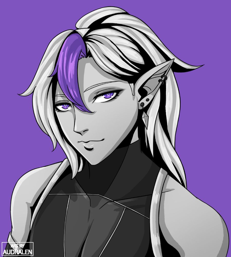 Ralen drawn in the Persona art style. Black lineart with cel-shading throughout the piece instead of soft shading. Greyscale colour scheme - but the fringe, eyes and background are purple.