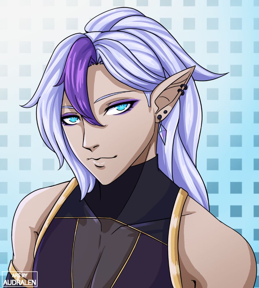 Ralen drawn in the Persona art style. Black lineart with cel-shading throughout the piece instead of soft shading, using Ralen's typical colour palette focusing on purple, black and gold - with blue eyes and darker white hair. Background is a white to blue gradient with a simple square/block texture.