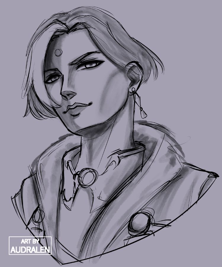 Very rough sketch of Emet-Selch from Final Fantasy 14. Very basic greyscale shading and unclean lines. Simple bust of the character with a smug-like expression.