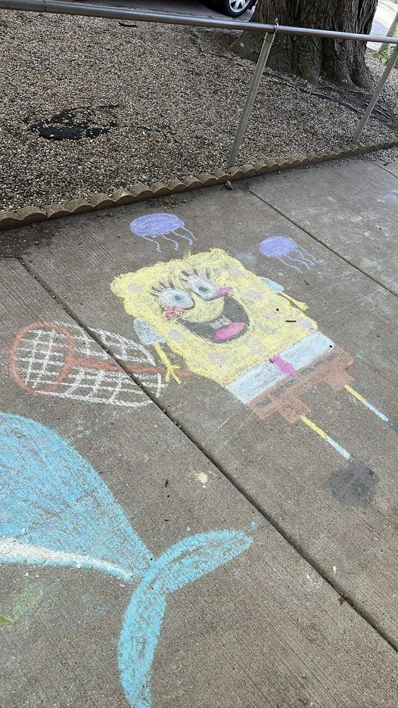Chalk drawing on sidewalk of Spongebob