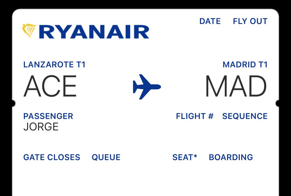 A Ryanair flight ticket from ACE to MAD
