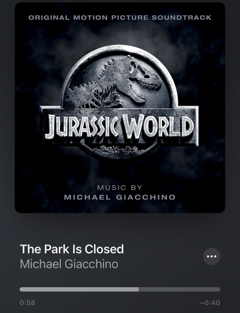 A picture of the Apple Music interface playing “The Park is Closed”, by Michael Giacchino, from the album Jurassic World