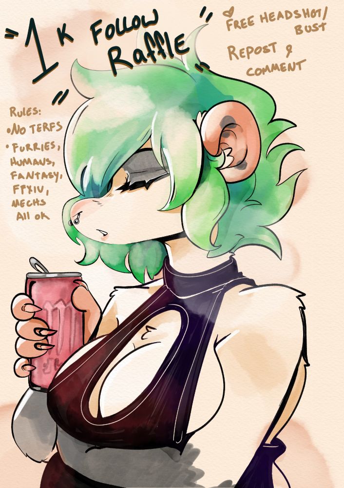an image of my opossum anise and details of the raffle: 1 K follow raffle - free headshot/bust by reposting and commenting. Rules: no terfs, furries, humans, fantasy, ffxiv, mechs all ok