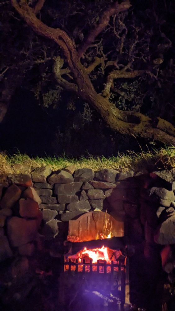 A cobblestone fire pit with the embers burning bright at night. A gnarly tree is visible above.