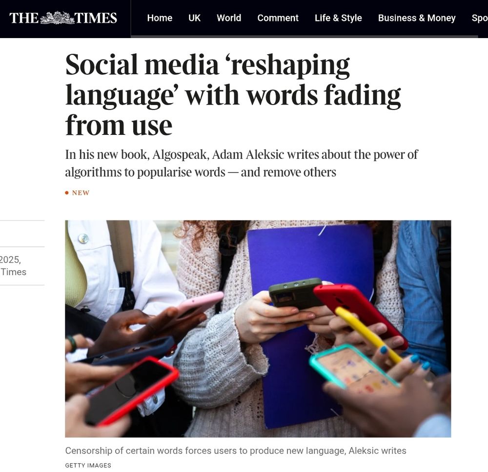 Screen grab of The Times article: Social media 'reshaping language' with words fading from use