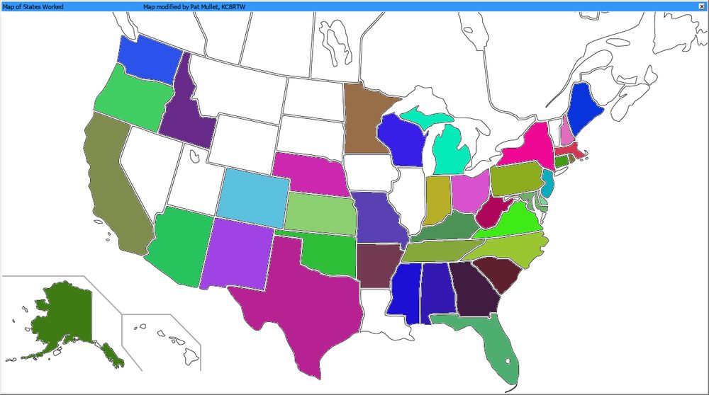 A map of the United States.
39 states have been colored in, to indicate contacts having been made to those states.
The 11 states not colored are:
Hawai'i
Illinois
Iowa
Louisiana
Montana
Nevada
North Dakota
South Dakota
Utah Vermont
Wyoming