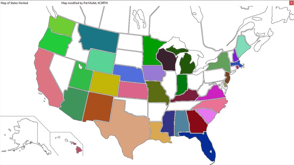 A map of the United States.
35 states have been colored in, to indicate contacts in those states.
The 15 states which have not been colored are:
Alaska
Arkansas
Connecticut
Idaho
Illinois
Maryland
Nevada
North Dakota
Ohio
Oklahoma
Pennsylvania
South Dakota
Tennessee
Vermont
West Virginia