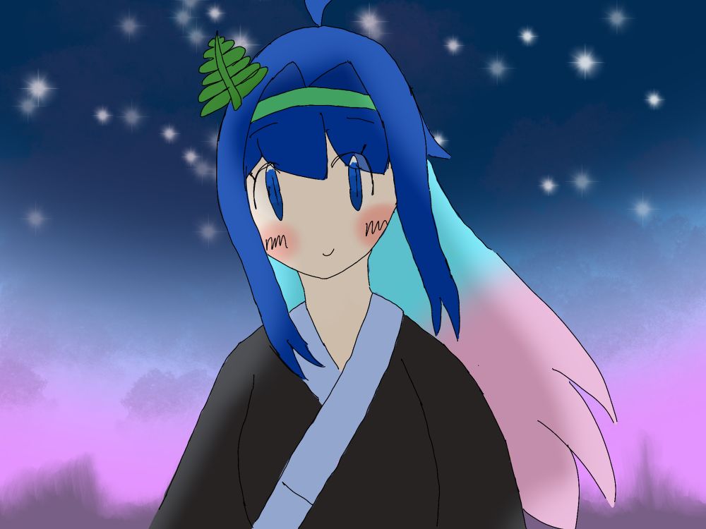 smiling kuu in front of a pink-dark blue night sky