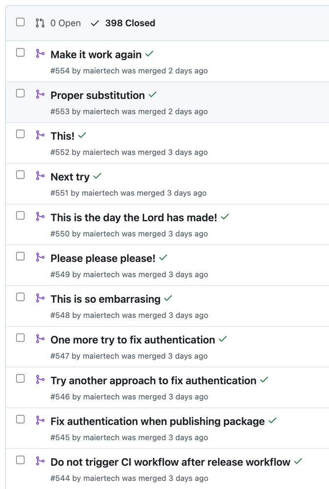 Screenshot of closed pull requests whose title indicate that I had a bad day.