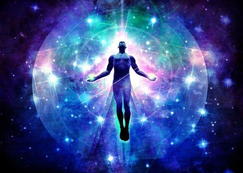 A blue figure of a nude man levitates in the center of a cosmic circle, having ascended to a higher level of being a hater.