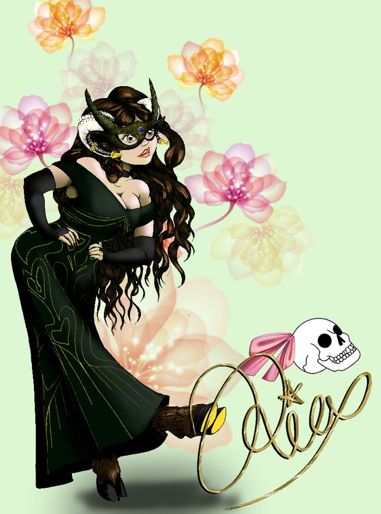 A friend's oc character. She resembles a female satyr dressed in a dark green, almost black gown.