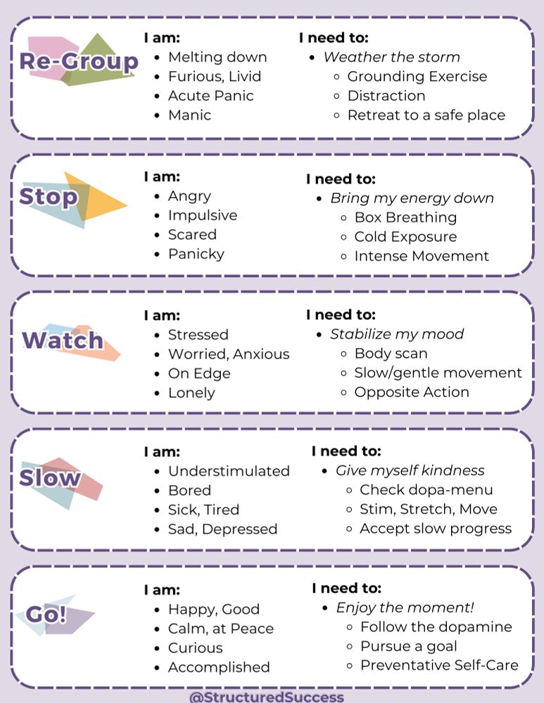 Worksheet 2: The Chart.
Zone 1) Regroup. I am melting down, furious, livid, in acute panic, or manic. I need to weather the storm, for example doing a grounding exercise, distraction, or retreating to a safe place.

Zone 2) Stop. I am angry, impulsive, scared, or panicky. I need to bring my energy back down by, for example, box breathing, cold exposure, or intense movement.

Zone 3) Watch. I am stressed, worried, anxious, on edge, or lonely. I need to stabilize my mood by, for example, doing a body scan meditation, slow/gentle movement, or practicing opposite action.

Zone 4) Slow. I am understimulated, bored, sick, tired, sad, or depressed. I need to give myself kindness by, for example, consulting my dopa-menu, stimming, stretching, accepting slow progress.

Zone 5) Go! I am happy, calm, at peace, curious, or accomplished. I need to Enjoy the moment by, for example, following the dopamine, pursuing a goal, or doing preventative self-care