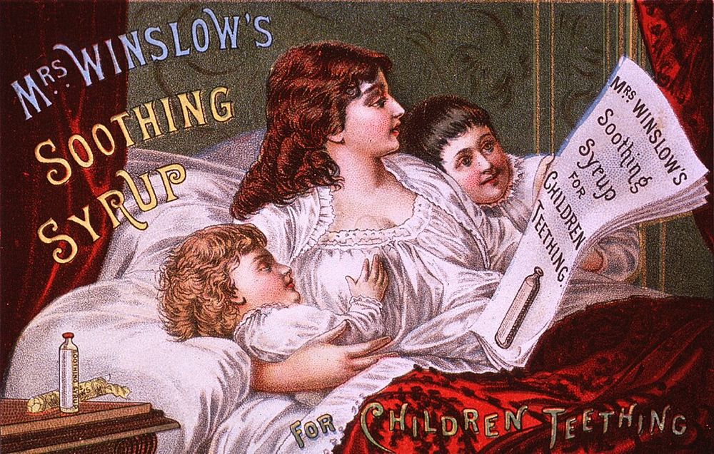 Victorian-era illustration advertising Mrs Winslow's Soothing Syrup: A mother in bed with her two children, reading a newspaper advert for Soothing Syrup For Children Teething