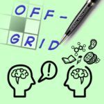 #OffGridPod logo: Two cartoon heads engaged in conversation, with their brains on show. One head's lid is open, and icons representing chemistry, literature, music, film and biology are spilling out from it. Aboce the heads, a pen labelled "General Knowledge" is writing the phrase "Off-Grid", which is spilling out of the bounds of a crossword grid that pokes into the edge of the image.