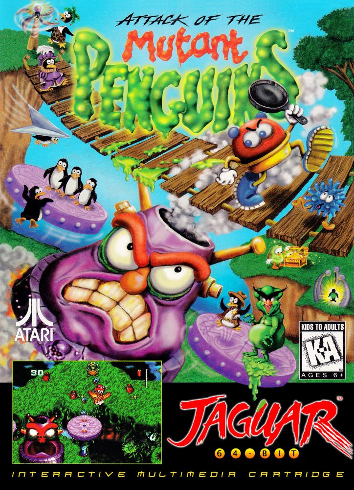 The box cover for Attack of the Mutant Penguins for the Atari Jaguar