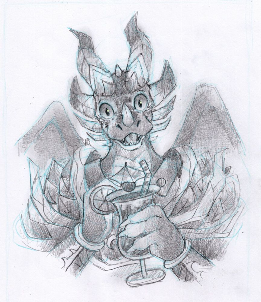 A sketch of Raphadam, a Dracthyr enjoying a refreshing blue lagoon cocktail.