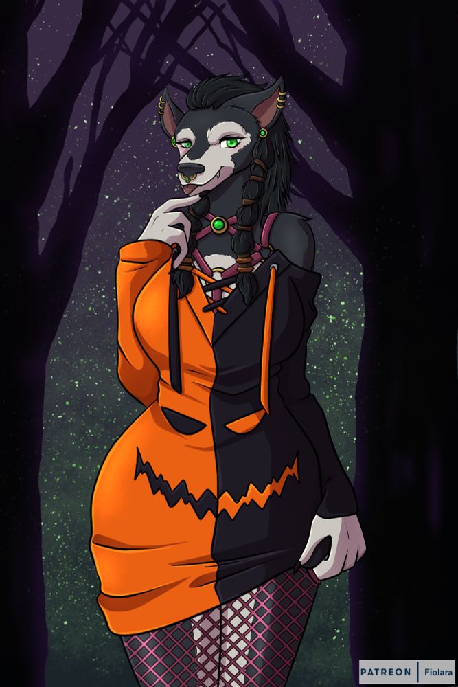 A portrait of Whitley the Green, a Worgen wearing an orange and black Halloween dress.