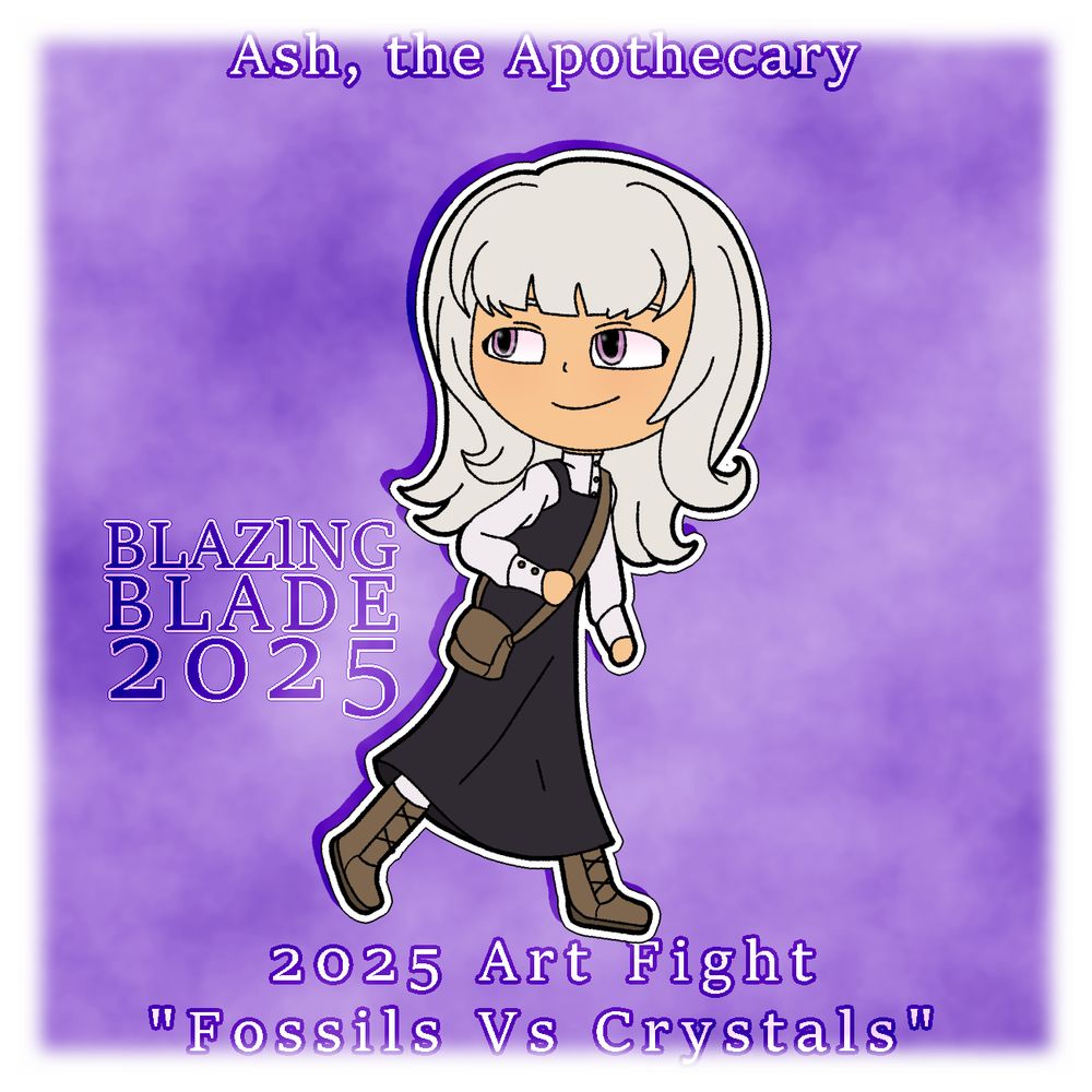 A drawing for Art Fight - Fossils Versus Crystals
The title of the drawing is called "Ash, the Apothecary"

Character belongs to alien_onyx

Character is a nonbinary person with white hair that curls at the end and has a lot of volume. They are wearing a long black outfit over top of a white buttoned shirt. They have a small brown satchel at their side.

They are moving forward while looking behind themself. In their hand, they hold the strap of the satchel. They have a smile on their face.