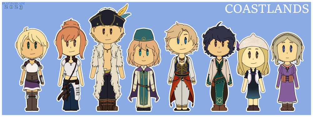 A group of chibis of Fiore, Trish, Barrad, Menno, Fabio, Julio, Conny, and Carroll from Octopath Traveler: Champions of the Continent.

They are the Travelers 25-32, belonging to the Coastlands region.