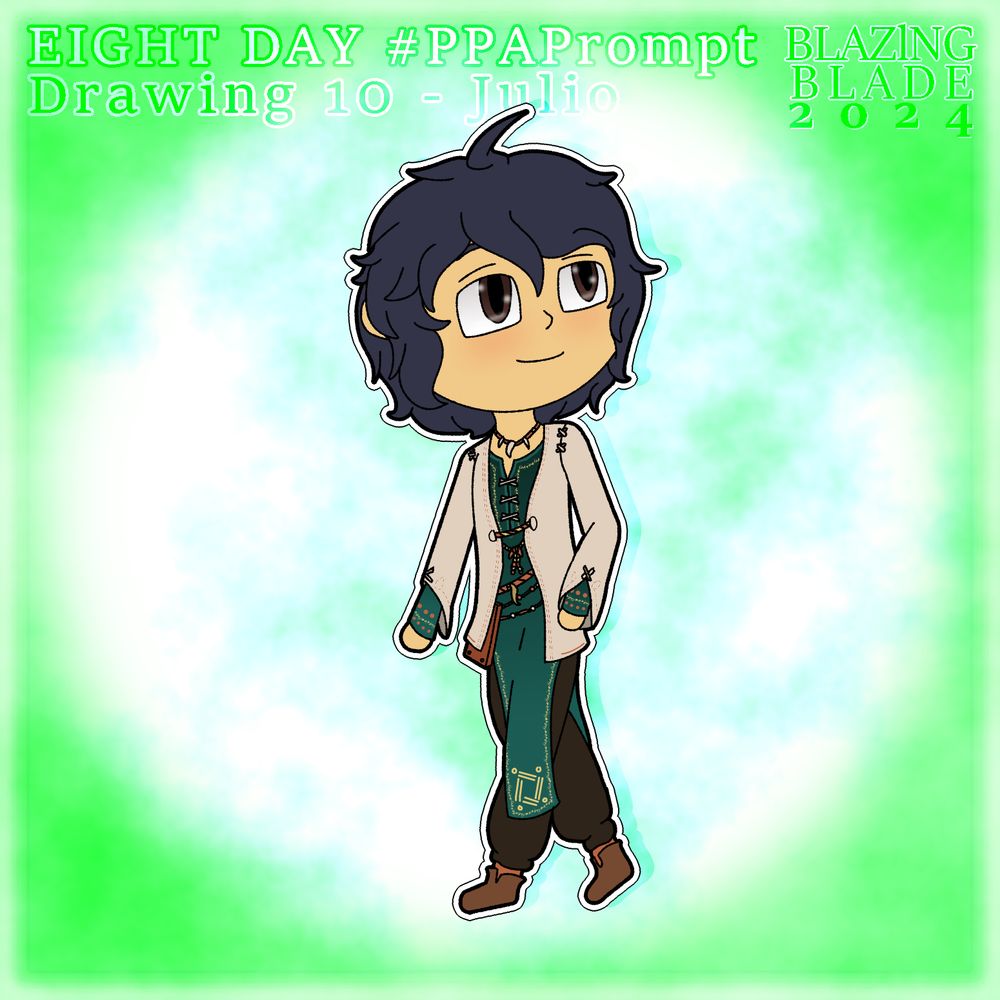 A chibi of Julio from Octopath Traveler: Champions of the Continent.

Julio is in a walking position while he looks backwards behind him, eyes aiming upwards. He has a slight smile on his face.